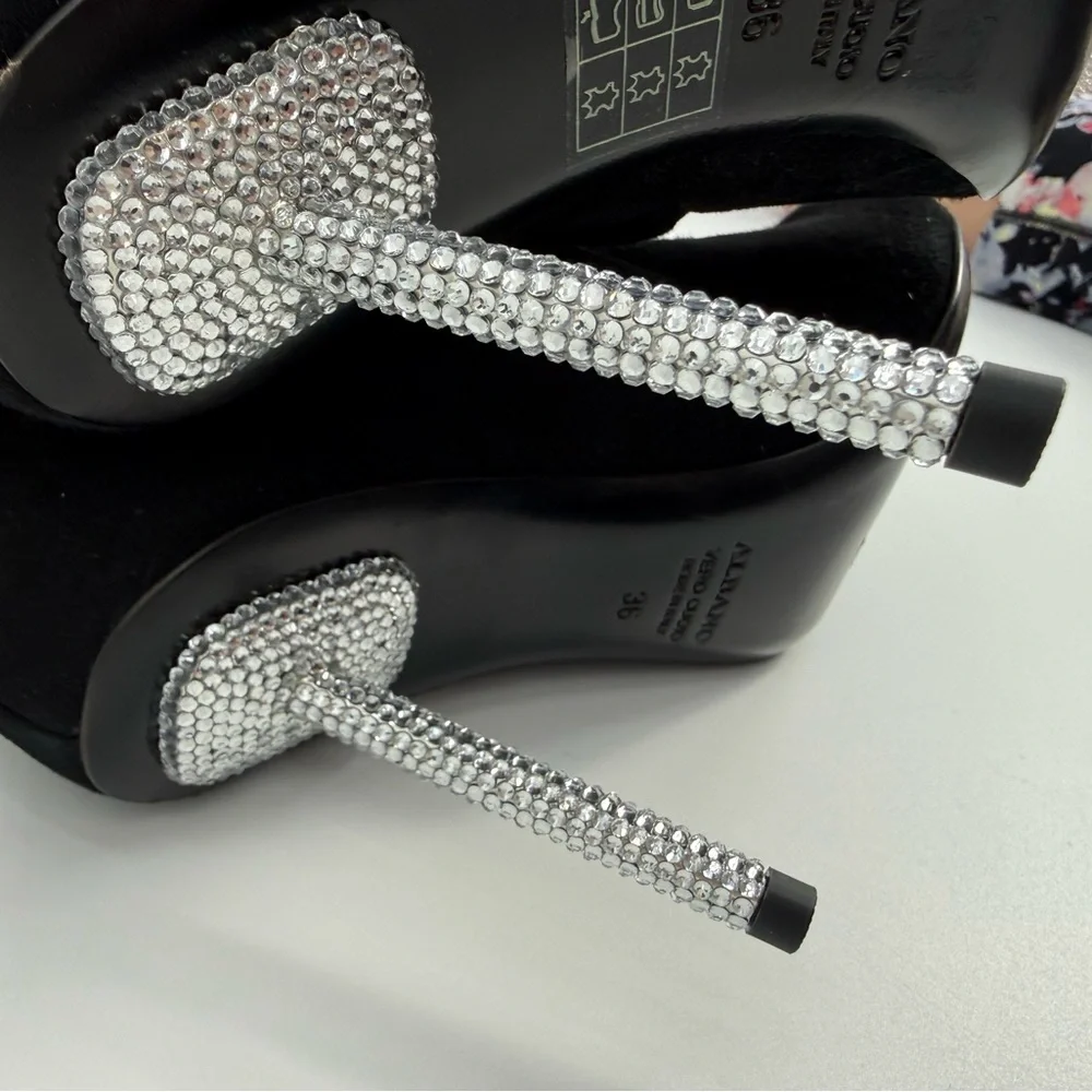 Diane B. Sophisticated Black Suede Knee-High Stiletto Boots with Rhinestone Heel - Picture 5 of 16